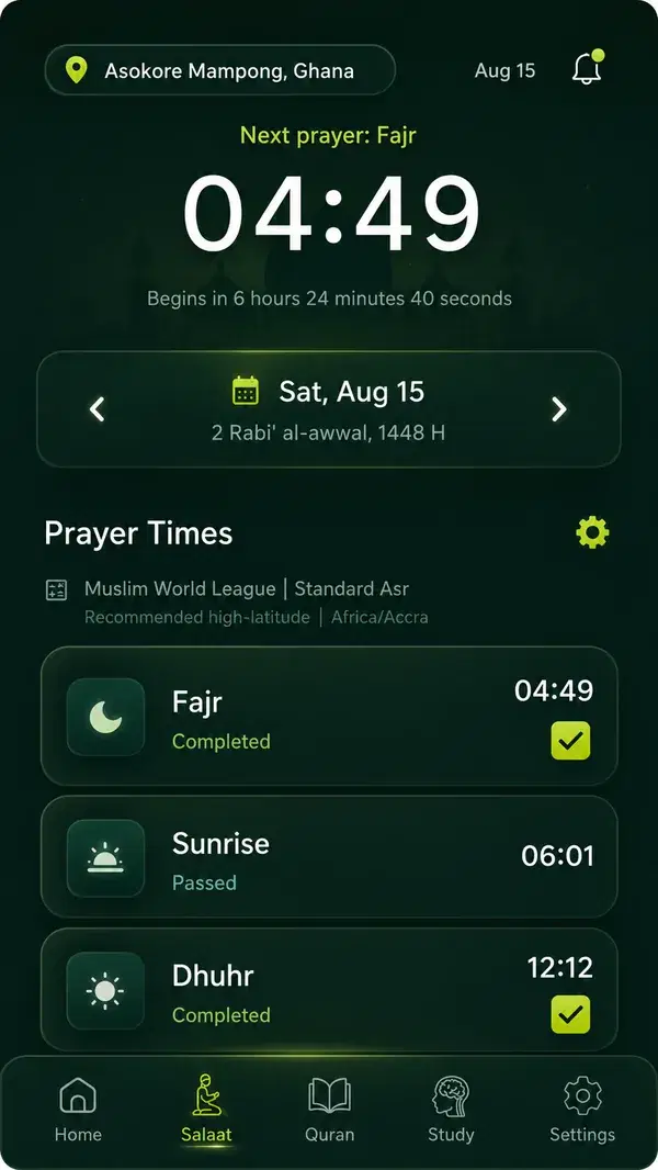 Prayer Times screen